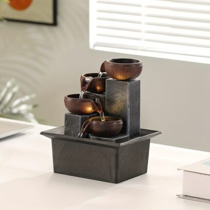 Uma Fonte de Interior Única Com Design de Cascata de Quatro Níveis, Equipada Com Iluminação Led Quente e Uma Bomba de Água Ajustável Em Três Níveis Diferentes, Ideal para Embelezar Pequenas Mesas Em Residências e Escritórios.