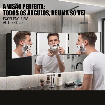 Espelho de Maquiagem Triplo 360° Portátil com Gancho Ajustável e Ampliação.