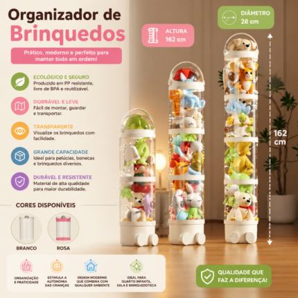 Organizador de Brinquedos Infantil Transparente 162cm – Caixa Vertical Dobrável para Pelúcias | PP Resistente