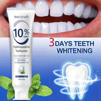 O creme dental nano hidroxapatite 10% restaura os dentes brancos. Protege as gengivas. Limpe profundamente. Ilumina o sorriso. 100g de hortelã fresca.