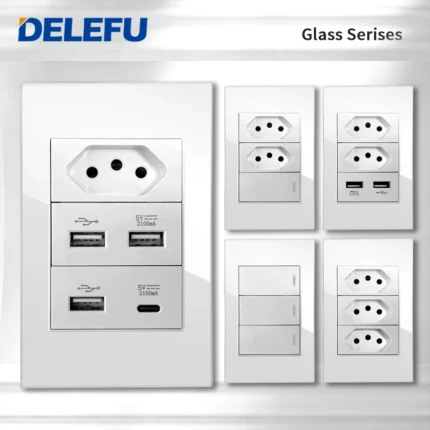 Tomada Inteligente WiFi Delefu 4x2 com USB e USB-C | Vidro Temperado | Padrão Brasil