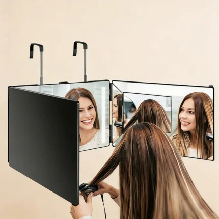 Espelho Triplo 360° Dobrável com LED Ajustável – Corte de Cabelo, Barba e Maquiagem Profissional.