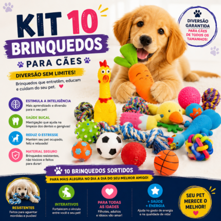 Kit com 10 Brinquedos Mordedores para Cães – Vinil Resistente, Limpeza Dental e Alívio do Estresse para Filhotes e Adultos