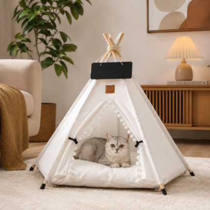 Tenda Tipi para Cães e Gatos com Almofada | Casinha Pet Lavável em Madeira.