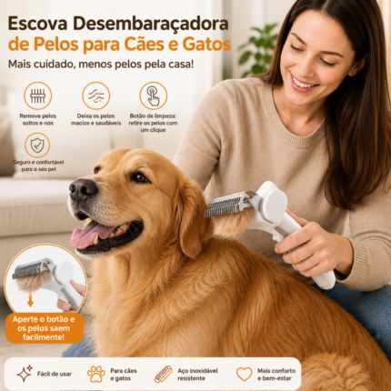 Escova Removedora de Pelos para Gatos e Cães com Botão de Limpeza | Aço Inoxidável