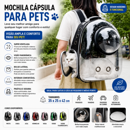 Mochila Cápsula Transparente para Gatos e Cães | Respirável, Confortável e Portátil