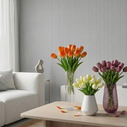 Kit 5 Hastes de Tulipas Artificiais Premium 40cm em Silicone Toque Real – Flores Elegantes para Decoração de Casa, Casamento e Eventos.