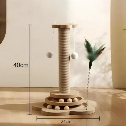 Brinquedo Interativo para Gatos em Madeira com Bola Giratória e Arranhador de Sisal