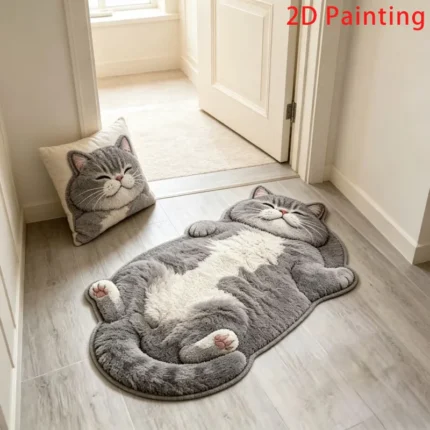 Tapete Decorativo em Formato de Gato – Macio Peludo Estilo Japonês Coreano para Quarto e Sala