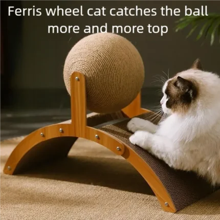 Arranhador de Madeira com Bola para Gatos – Sisal Natural e Design Interativo.