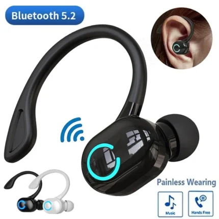 Fone Bluetooth 5.2 Sem Fio com Gancho de Orelha | Som HD, Microfone Integrado e Bateria de Longa Duração.