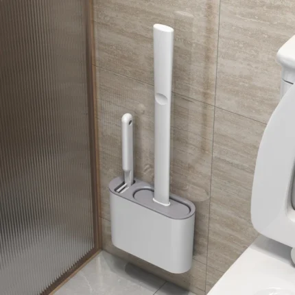 Escova Sanitária de Silicone com Suporte de Parede e Cabo Longo.